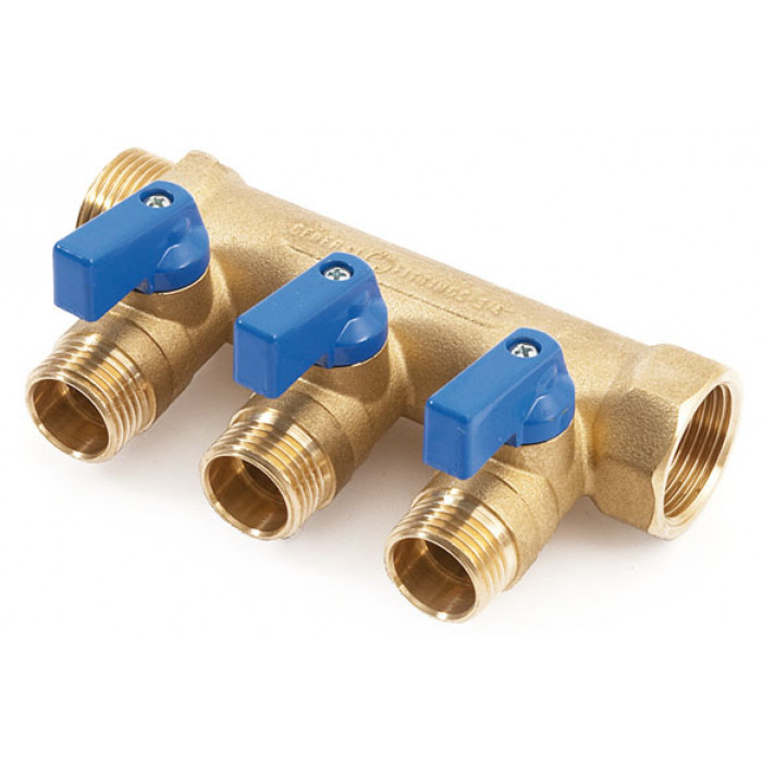 Коллектор с кранами General Fittings 3/4"x2x1/2" синяя ручка