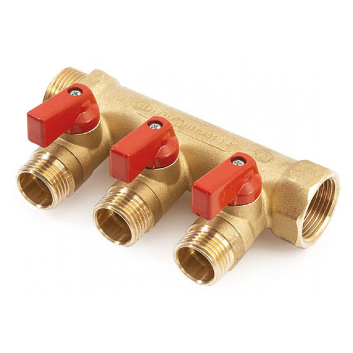 Коллектор с кранами General Fittings 3/4"х3х1/2" красная ручка