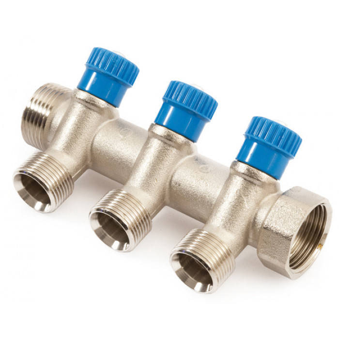 Коллектор с вентильными кранами General Fittings 3/4"x2x3/4" синяя ручка