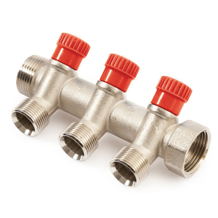 Коллектор с вентильными кранами General Fittings 3/4"x2x3/4" красная ручка